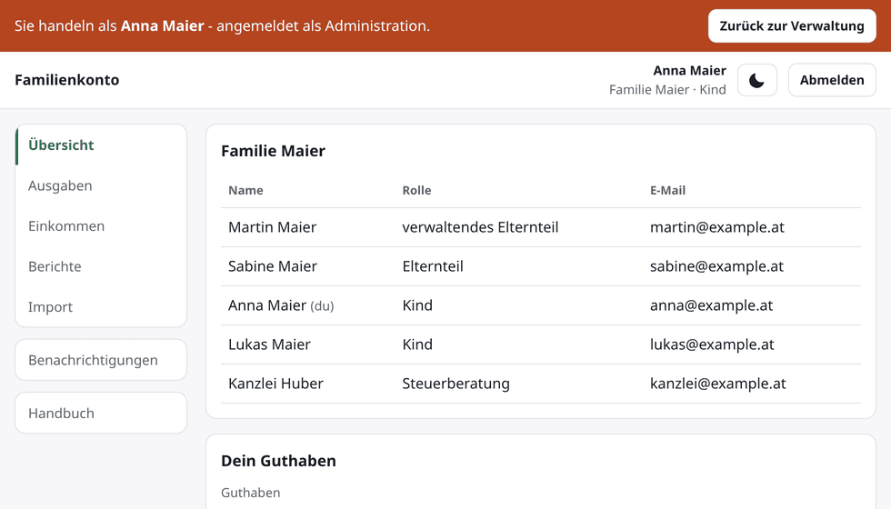 Die Ansicht während einer Übernahme: ein roter Balken über der Seite nennt beide Namen.