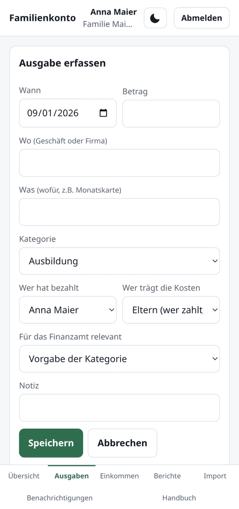 Das Formular „Neue Ausgabe" mit den Feldern Wann, Betrag, Wo, Was und Kategorie.